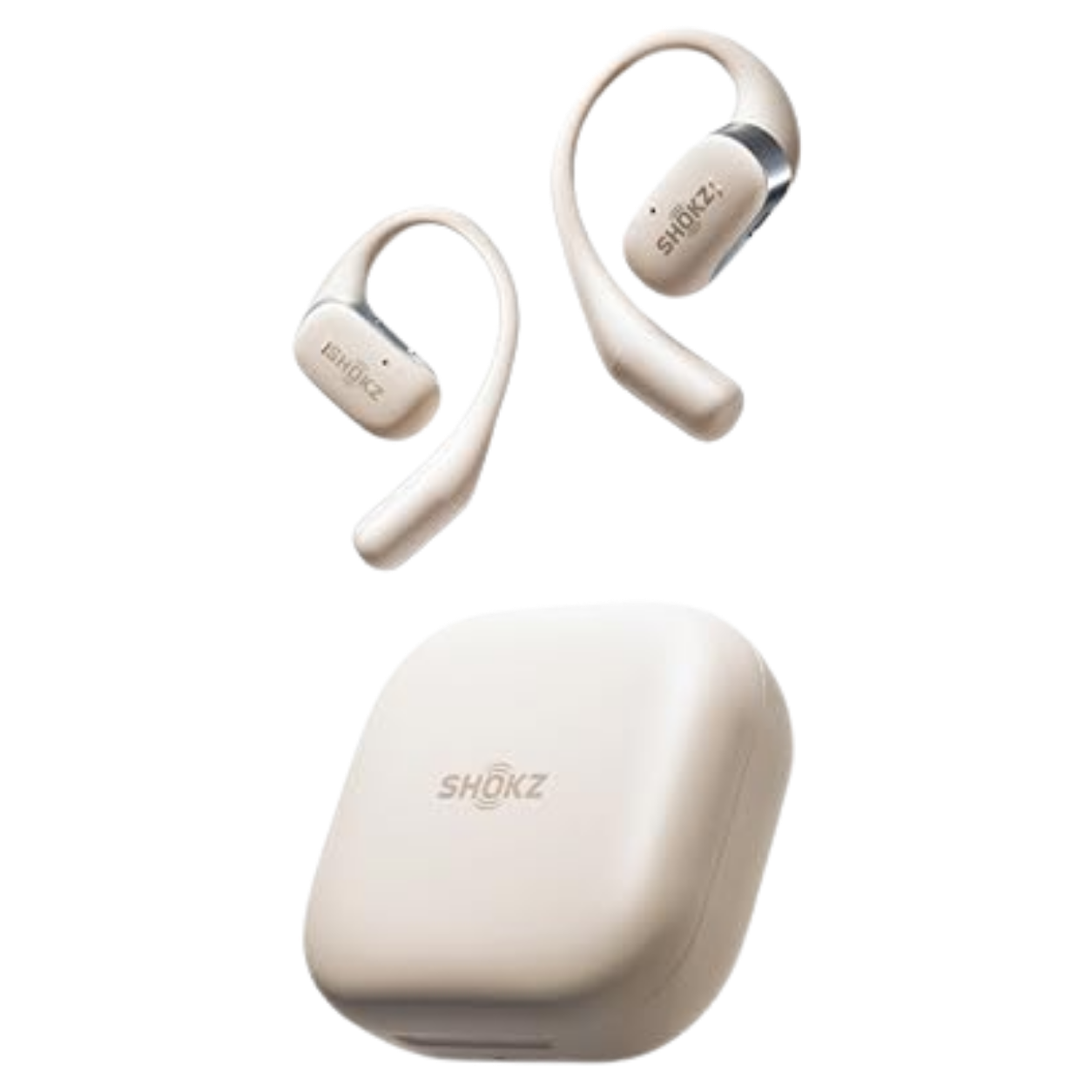 Wireless in-ear earbuds with a charging case, all in white color with "SHOKZ" branding.