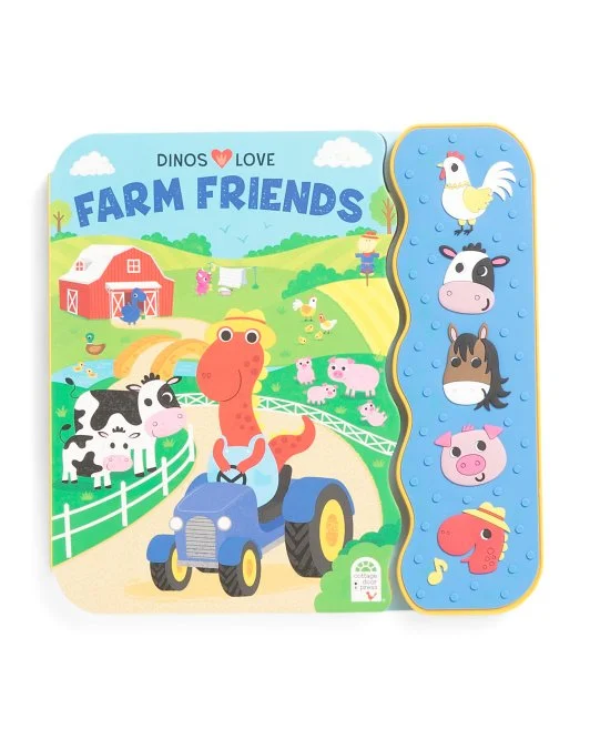 Children's farm-themed book titled 'Farm Friends' with illustrations of farm animals and a smiling dinosaur on a tractor, including a chicken, cow, horse, pig, and a worm with musical notes.