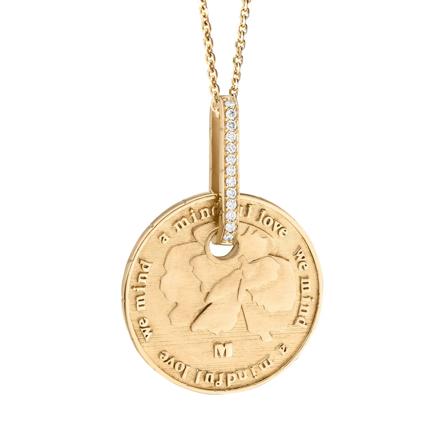 Gold coin pendant with engraved leaf design and surrounding text, attached to a chain with a diamond-studded bail.