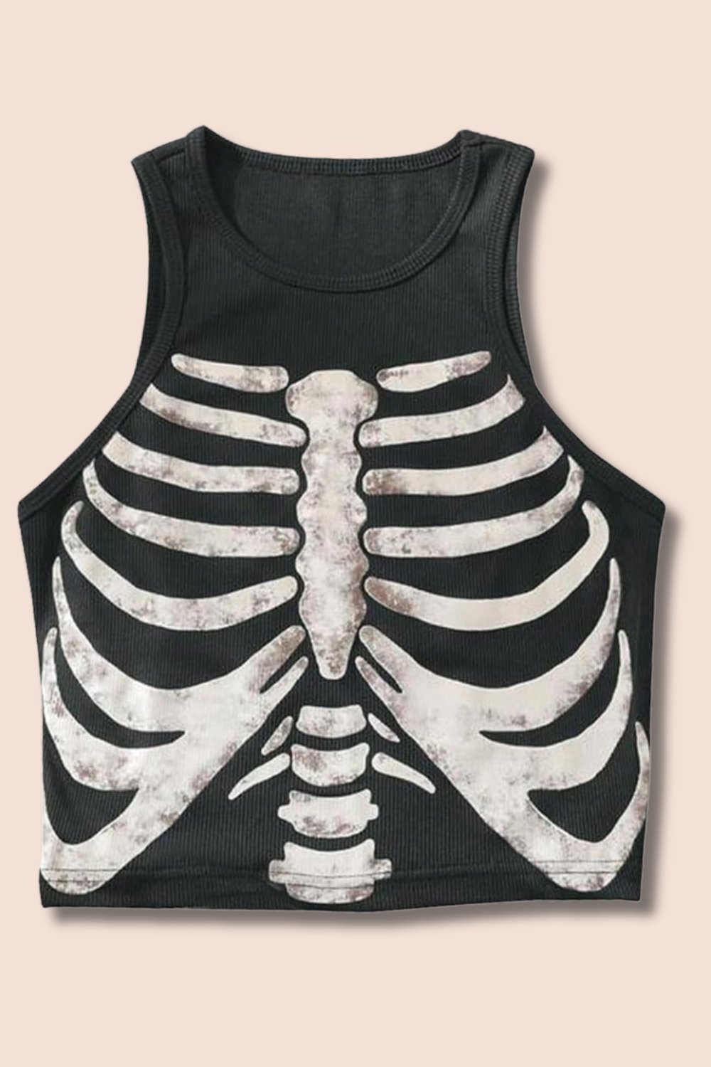 Black sleeveless shirt with a white skeleton rib cage and spine print on the front.