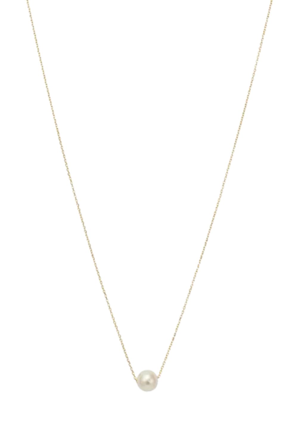 A gold necklace with a single pearl pendant on a white background.