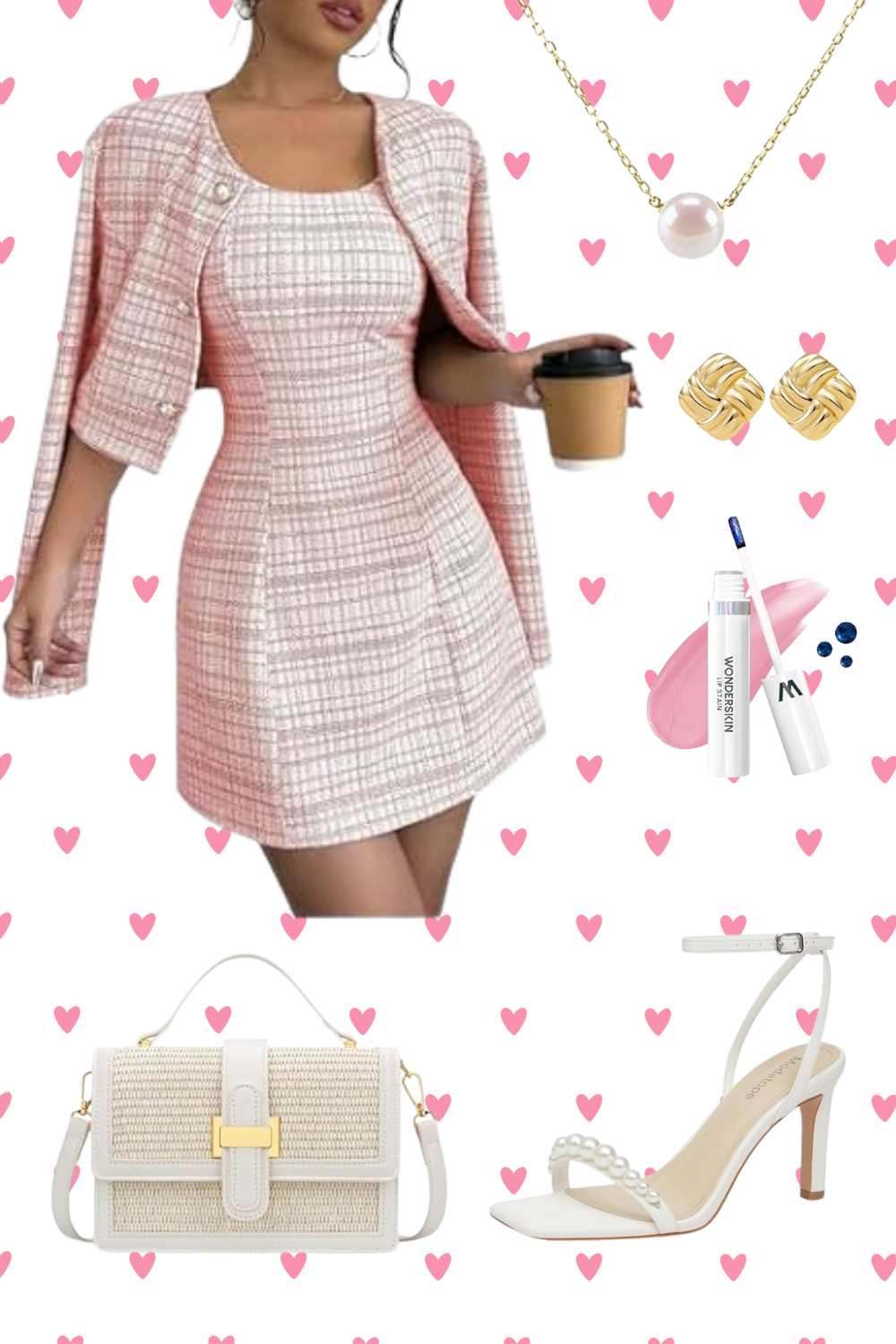 A woman wearing a pink and white checked dress and matching jacket, holding a takeaway coffee cup. Surrounding her are images of jewelry including a pearl necklace and gold earrings, makeup items like lipstick and blush with a brush, a white handbag, and a white high-heeled sandal with pearl embellishments, all on a background decorated with pink hearts.