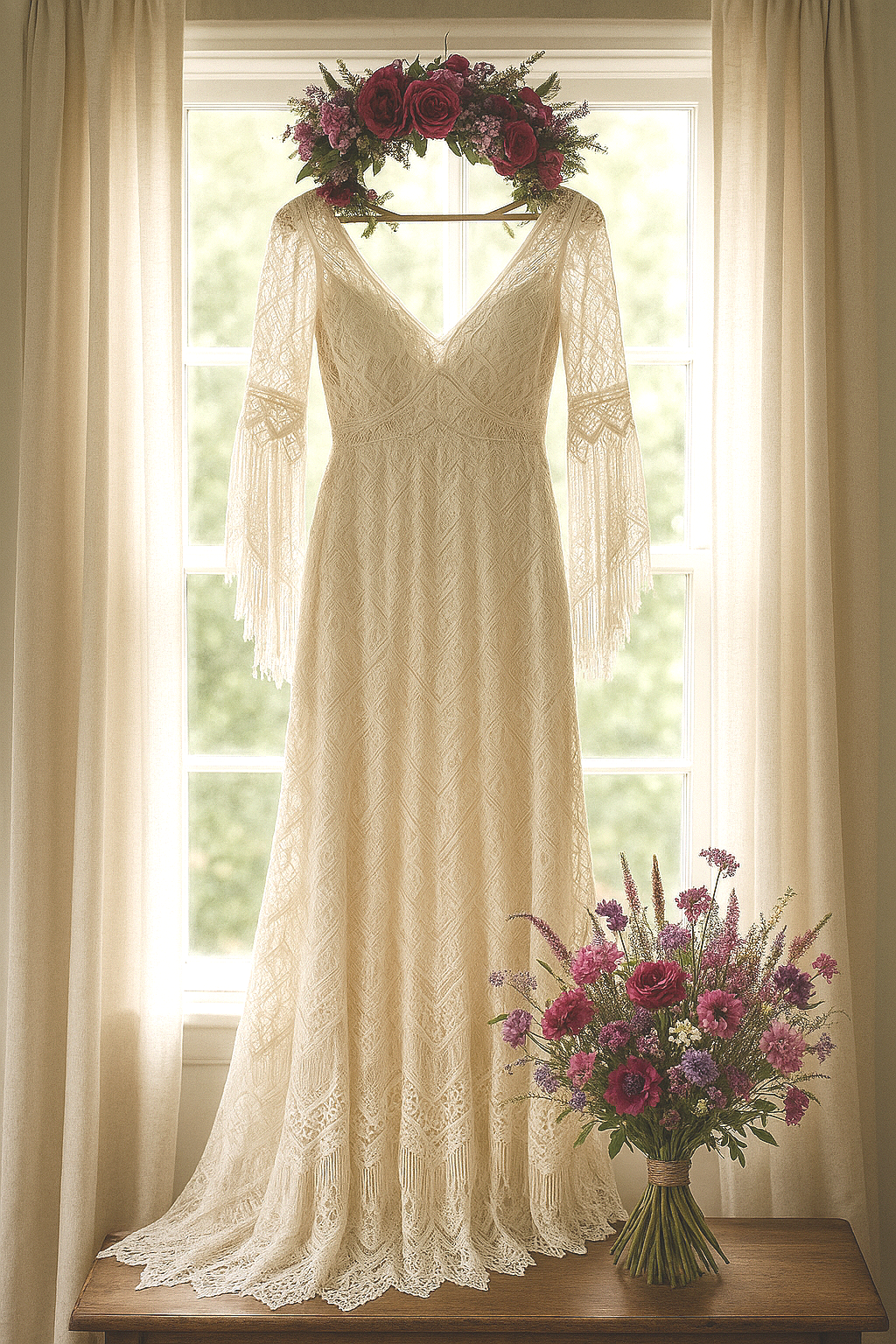 A vintage lace wedding dress hanging on a floral hanger, with a bouquet of pink, purple, and white flowers on a wooden table in front, near a window with sheer curtains.