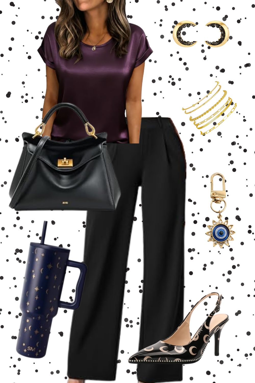 Fashion collage featuring a woman in a purple satin top and black pants, with accessories including a black handbag, gold jewelry, and earrings, black and beige high heels, and a blue tumbler with star and moon designs.