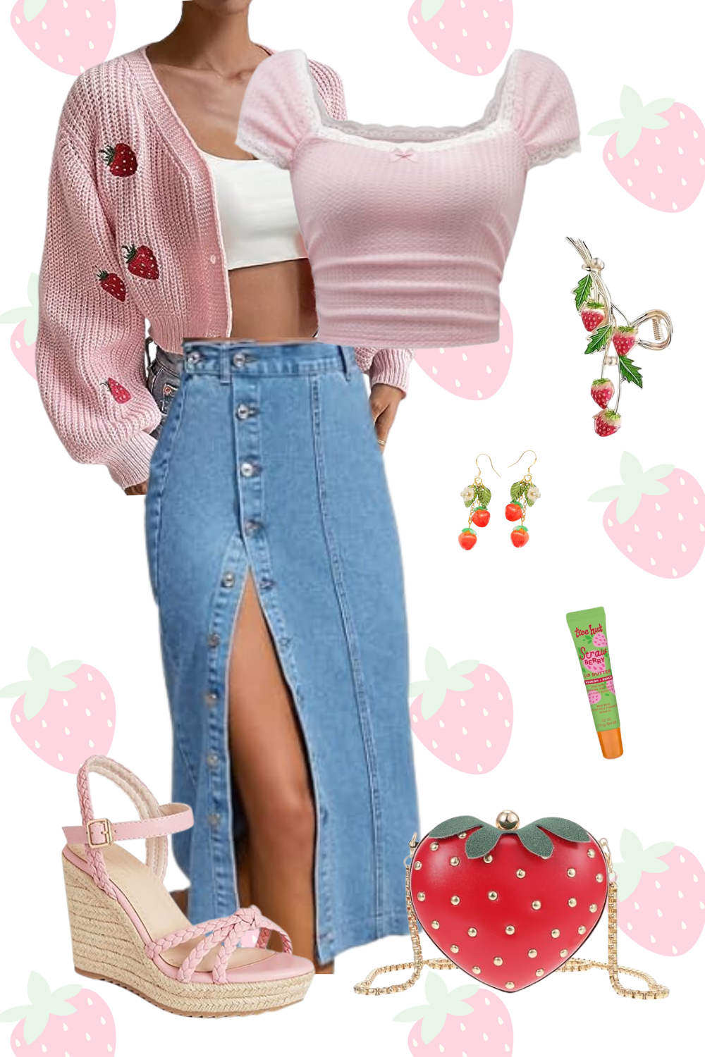 Fashion outfit including a pink strawberry embroidered cardigan, a pink crop top, a high-waisted button-front denim skirt with a slit, pink wedge sandals, strawberry-themed jewelry, strawberry hand cream, and a red strawberry-shaped purse with a chain strap against a strawberry-patterned background.