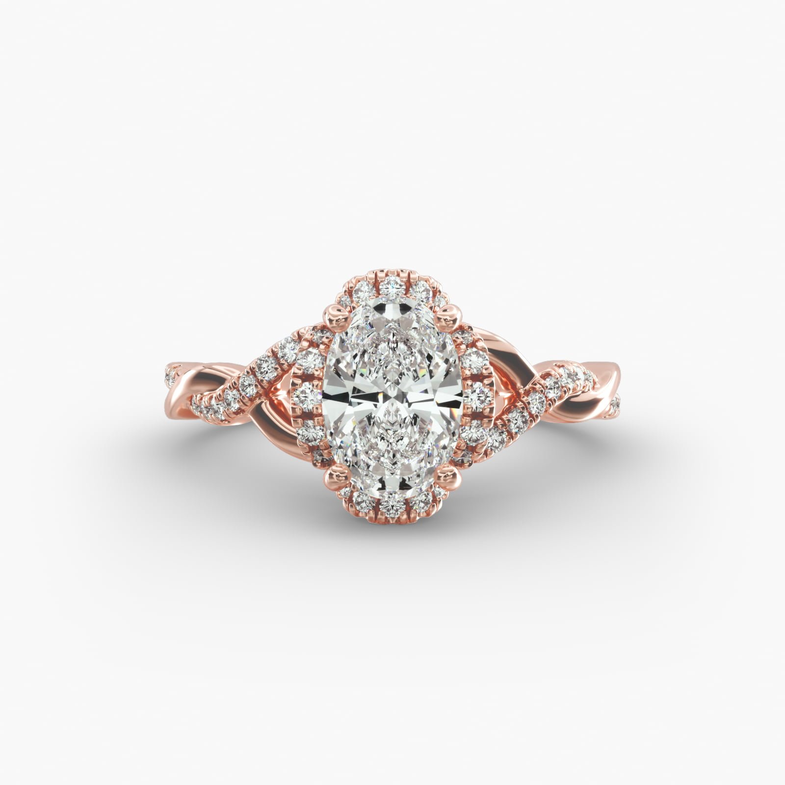 Rose gold engagement ring with a large oval diamond center surrounded by smaller diamonds.