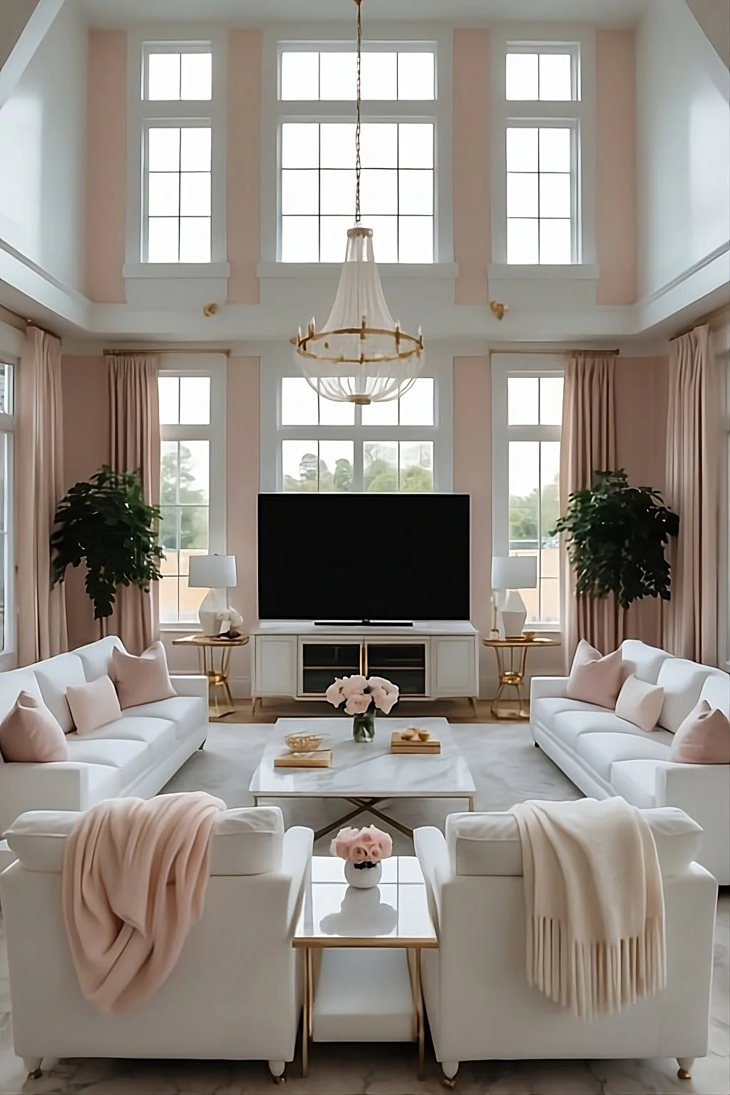 Bright living room with high ceiling, large windows, pink curtains, white sofas with pink pillows, a large flat-screen TV, potted plants, and a chandelier.