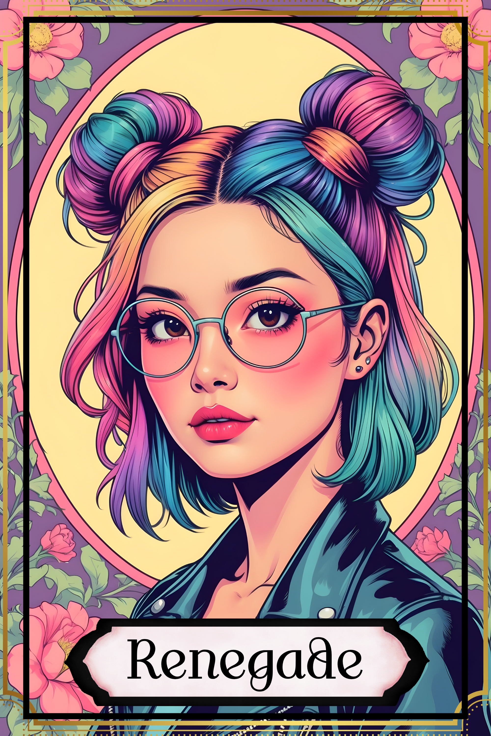 A digital illustration of a young woman with rainbow-colored hair styled in two buns, wearing glasses, a black leather jacket, and earrings, with a floral background and the word "Renegade" at the bottom.