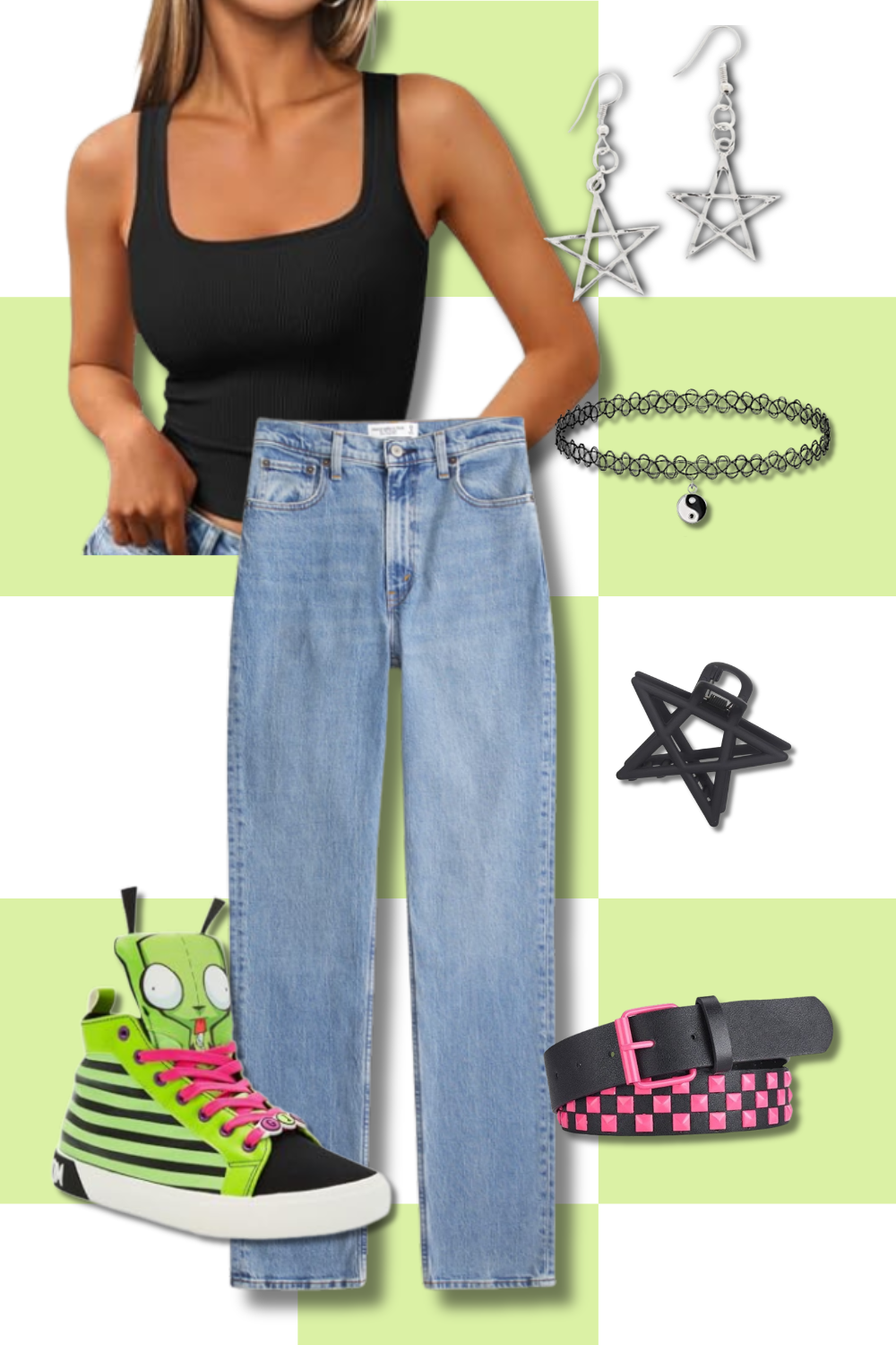 Casual fashion ensemble consisting of a black tank top, light blue high-waisted jeans, colorful high-top sneakers, and various accessories including star-shaped earrings, a yin-yang choker, a black star-shaped hair clip, and a black and pink checkered belt.
