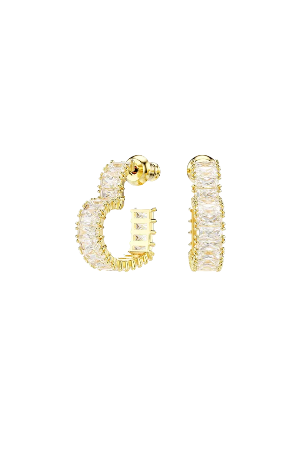 Gold hoop earrings with multiple clear gemstones set along the hoops.