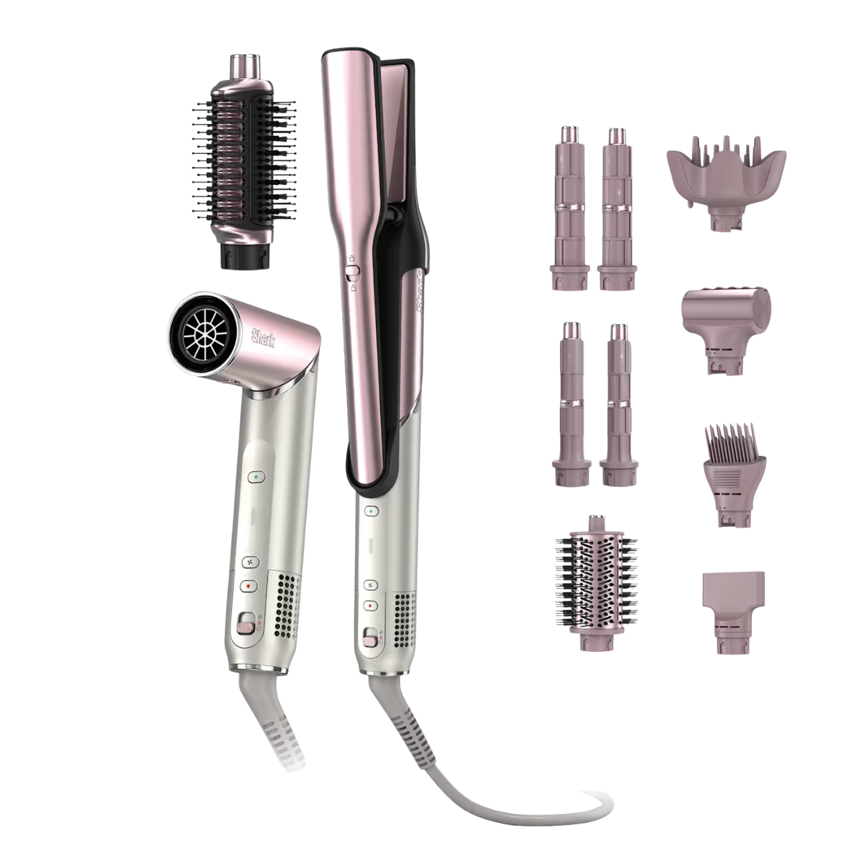 A collection of hair styling tools including a hair dryer, a straightening iron, and various attachments and accessories.