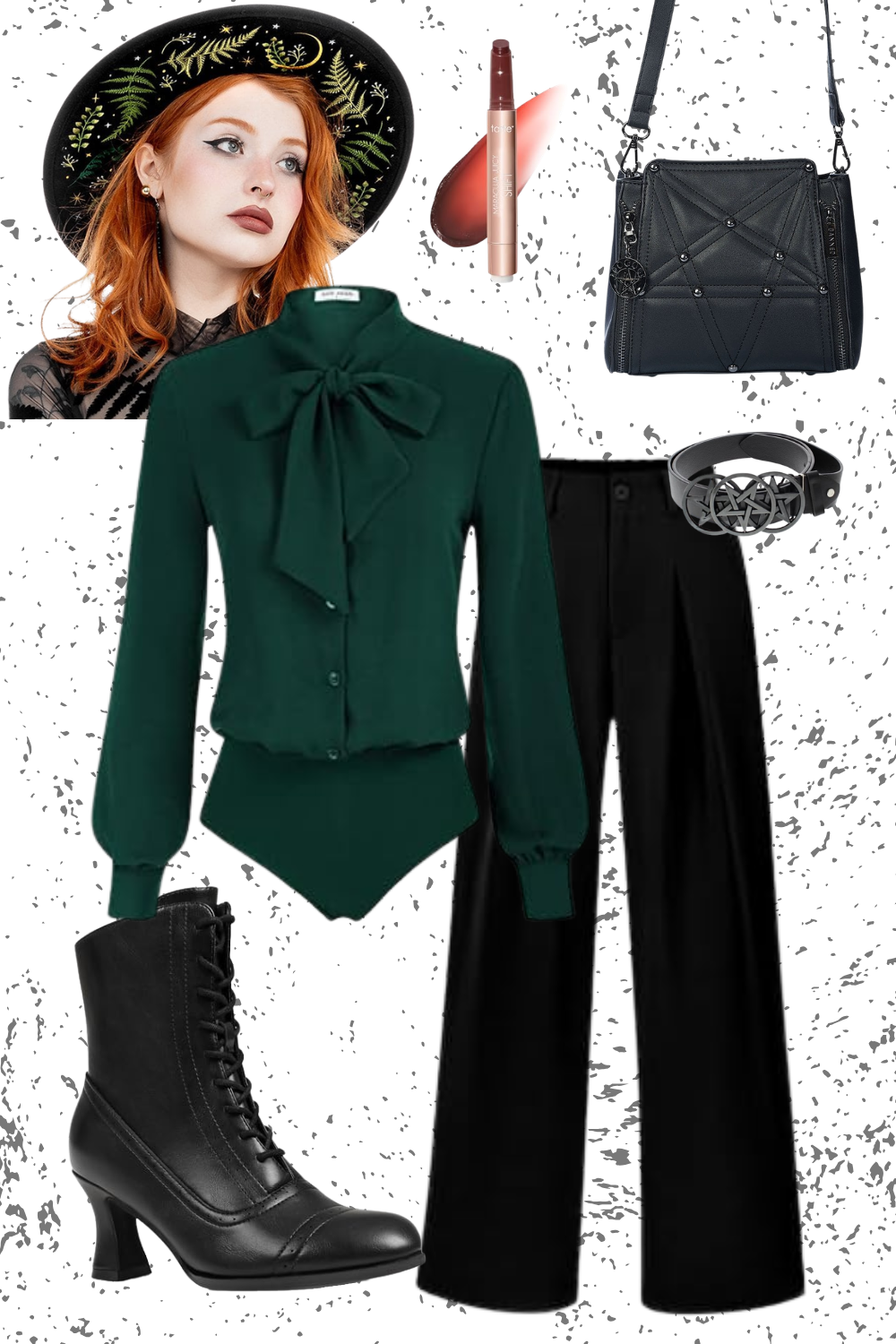 Fashion collage featuring a woman with red hair wearing a black hat decorated with green foliage, a green blouse with a bow, black wide-leg pants, and black lace-up boots. Accessories include a black handbag, a black belt with a circular buckle, and a peach-colored lipstick.