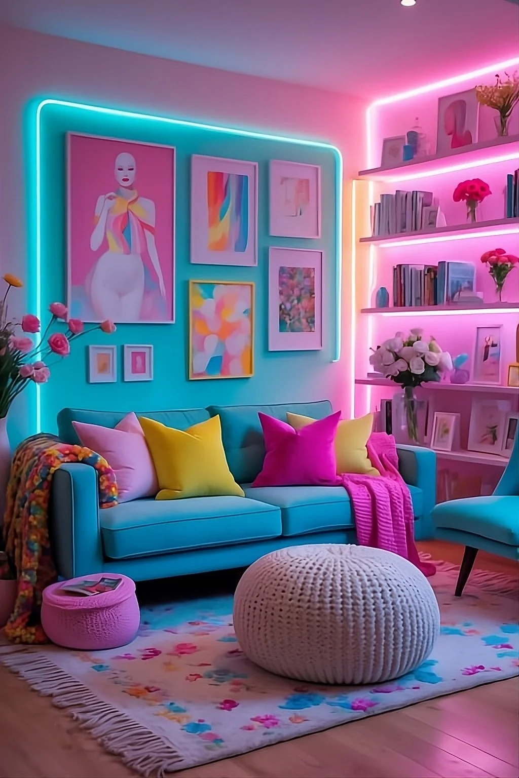 Colorful living room with neon pink and blue lighting, pastel sofa with pink, yellow, and purple pillows, abstract artwork on the wall, bookshelf with books and decorative items, and pink flowers.