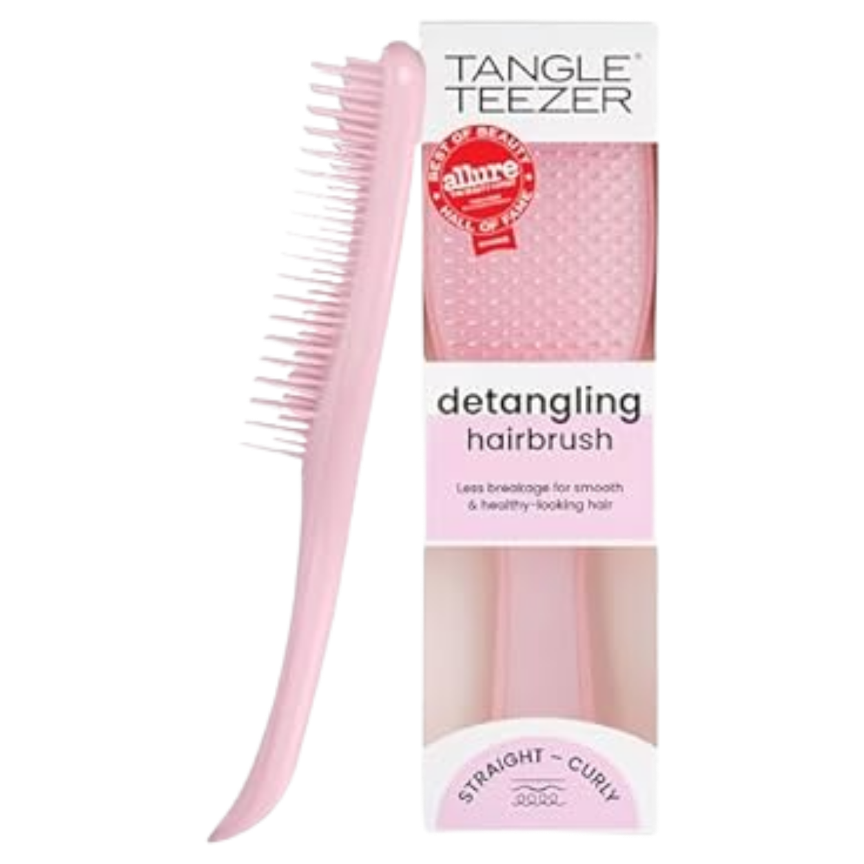 Pink Tangle Teezer detangling hairbrush and its packaging, which indicates it is for straight and curly hair and promotes smooth and healthy-looking hair.