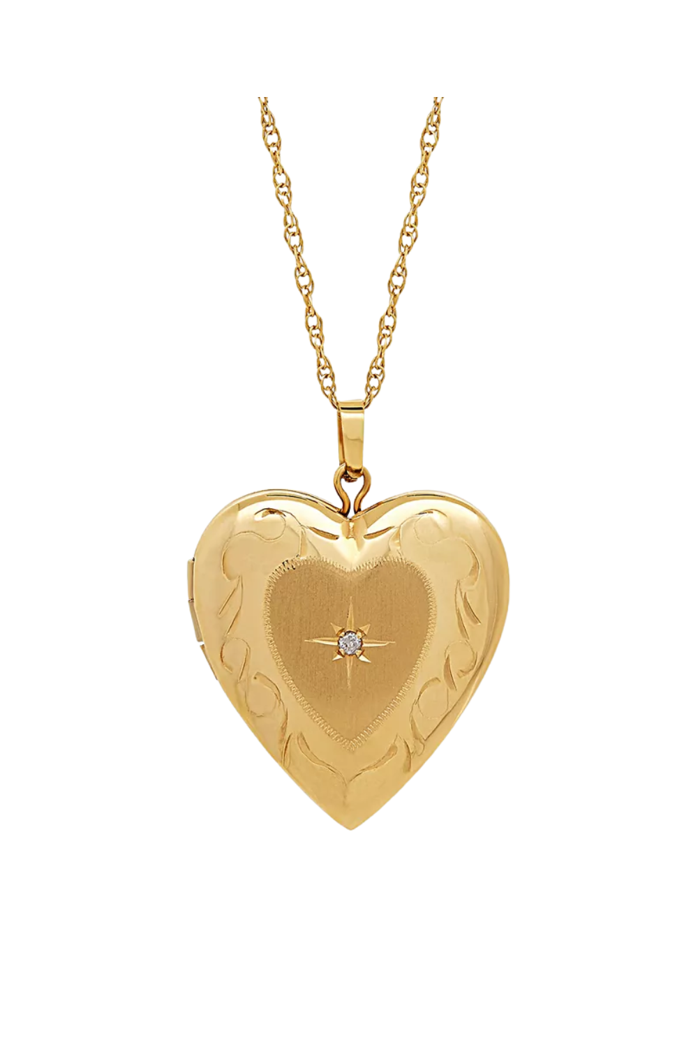 Gold heart-shaped locket necklace with decorative engravings and a starburst design with a central gemstone.