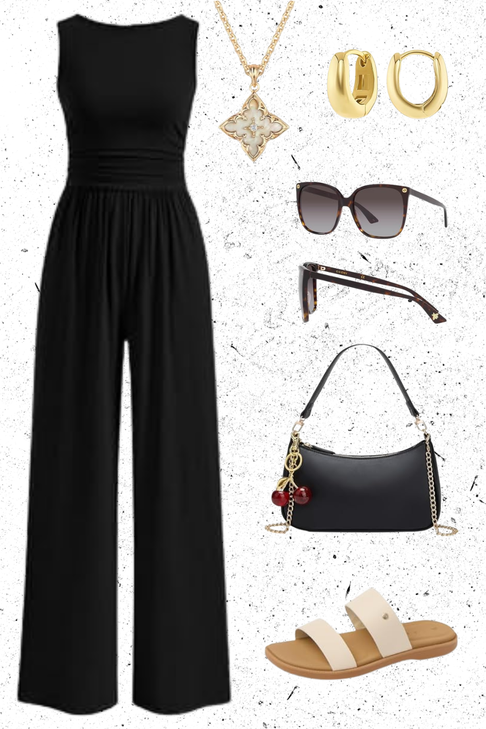 Black sleeveless jumpsuit with wide leg pants, accessorized with gold earrings, a gold necklace with a white floral pendant, black sunglasses, tortoise-shell sunglasses, black handbag with gold chain and red charms, and beige slide sandals.