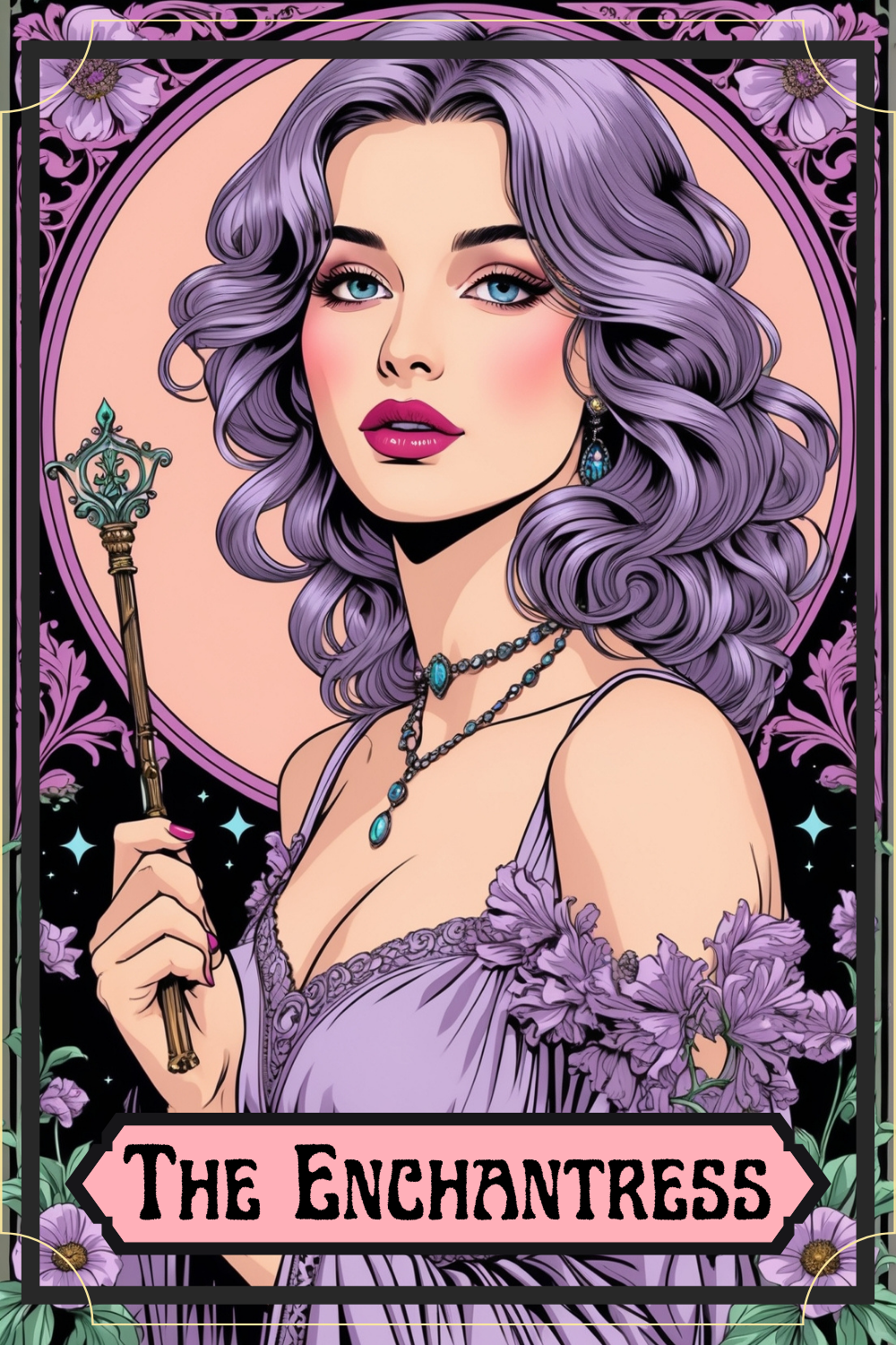 Illustration of a woman with long, wavy purple hair holding a wand. She is wearing jewelry and a purple dress, surrounded by flowers and a starry background. Text reads 'The Enchantress.'