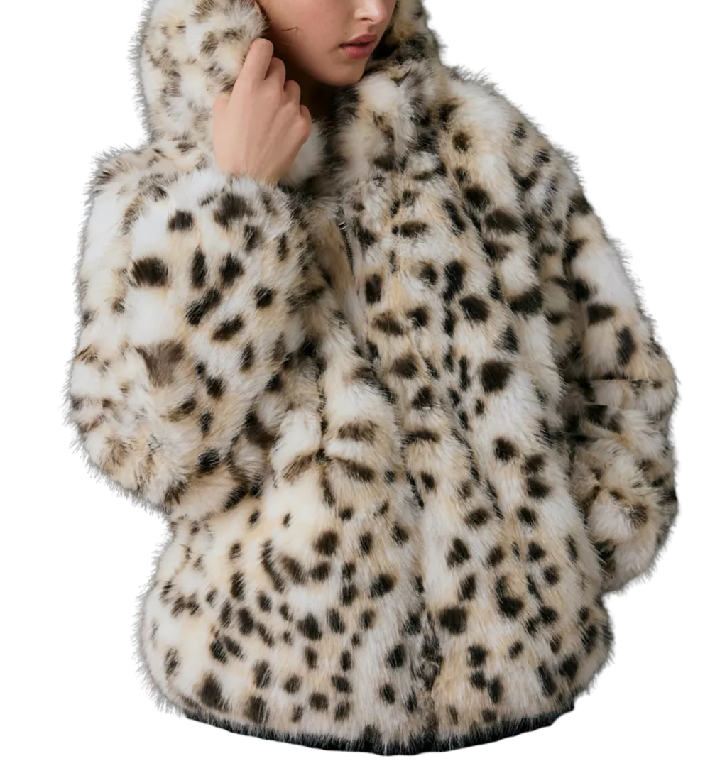 Person wearing a plush leopard print fur coat with a high collar, partially visible against a black background.