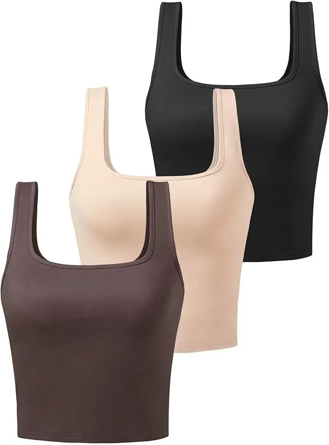 Three scoop neck tank tops in black, beige, and brown displayed outdoors.