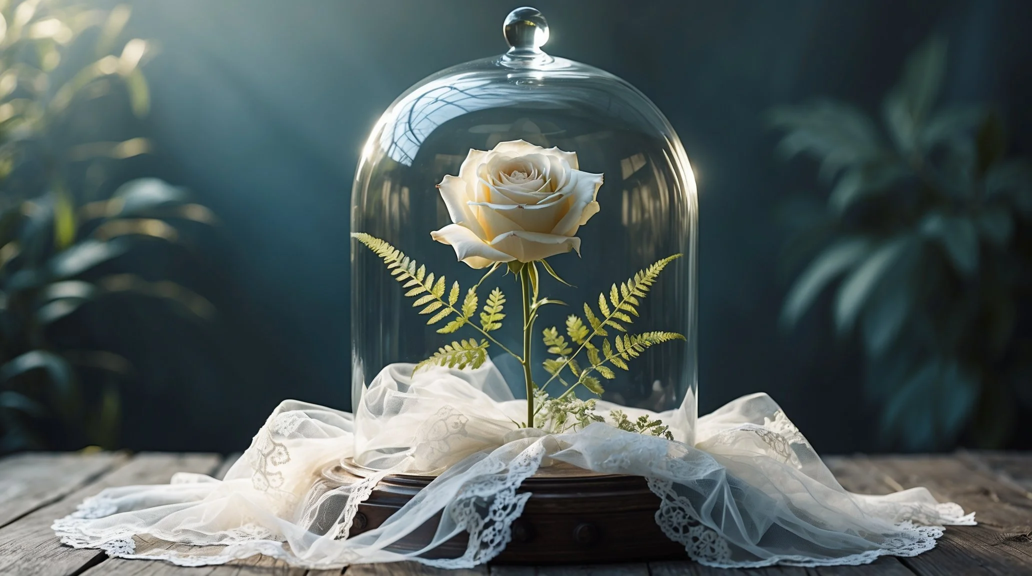 A white rose inside a glass dome, surrounded by fern leaves and lace fabric, placed on a wooden surface with greenery in the background.
