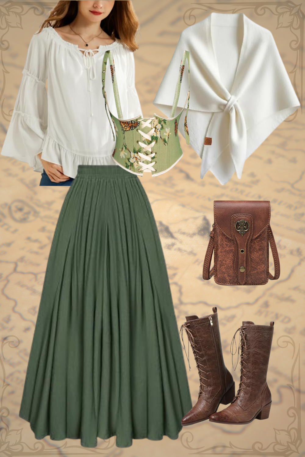 Fashion collage featuring a white blouse with ruffle details, a green corset with butterfly print, a long green pleated skirt, brown lace-up cowboy boots, a small leather crossbody bag, and a white shawl with a tie knot. Background shows an old map.