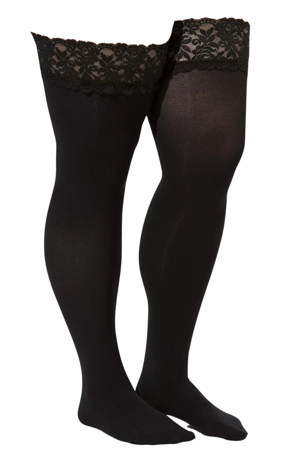 Close-up of two black lace-trimmed tights displayed on a mannequin or mannequin legs.