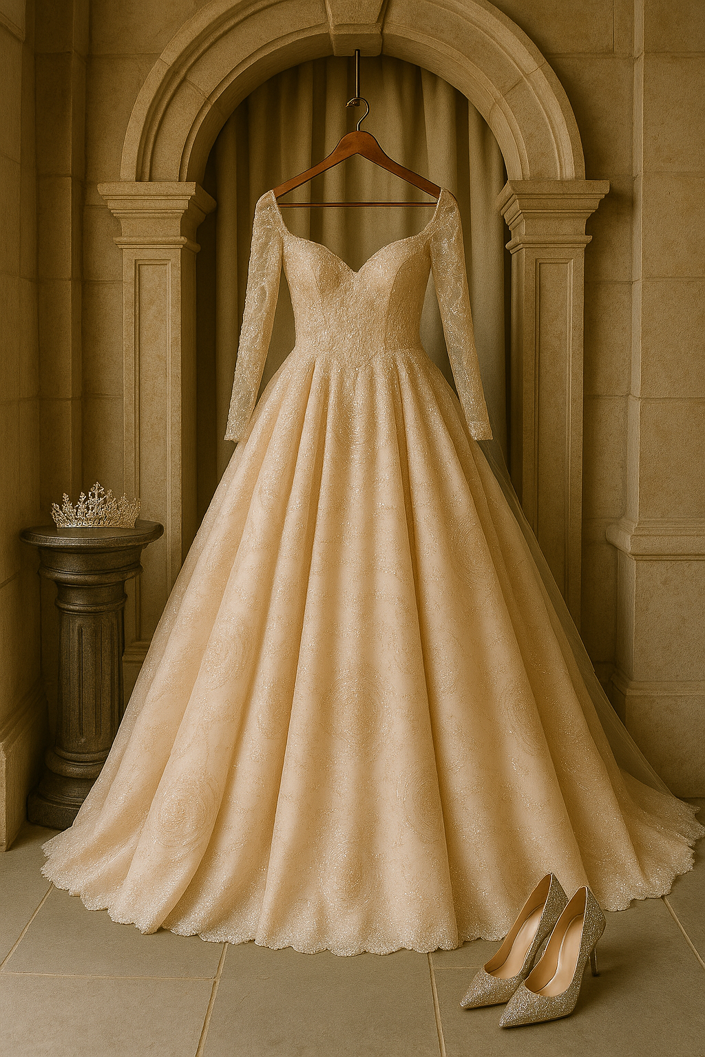 A wedding dress with long lace sleeves, a fitted bodice, and a full skirt, hanging on a hanger in a decorative alcove. A pair of glittery high-heeled shoes are placed on the floor in front of the dress, and a tiara rests on a pedestal to the left.