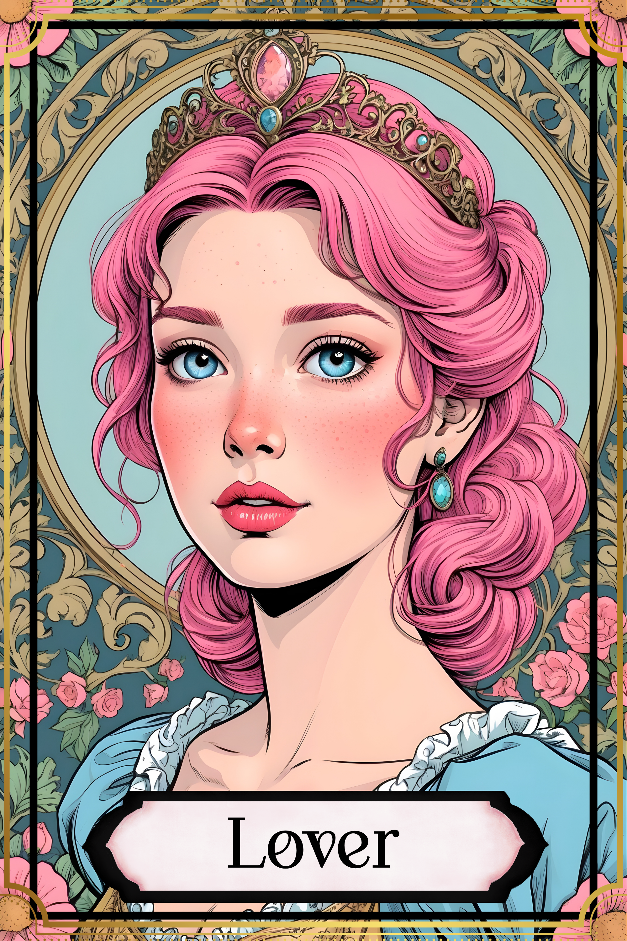 Digital illustration of a woman with pink hair, blue eyes, and a tiara, wearing earrings and a blue dress with a ruffled collar, labeled 'Lover' at the bottom, set in a floral and ornate frame.
