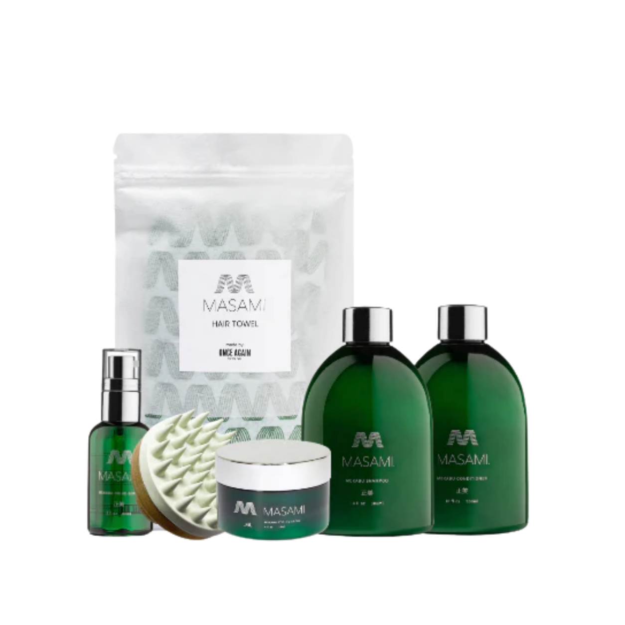 Collection of green hair care products including bottles, a jar, a scalp massager, a hair towel, and a hairbrush.