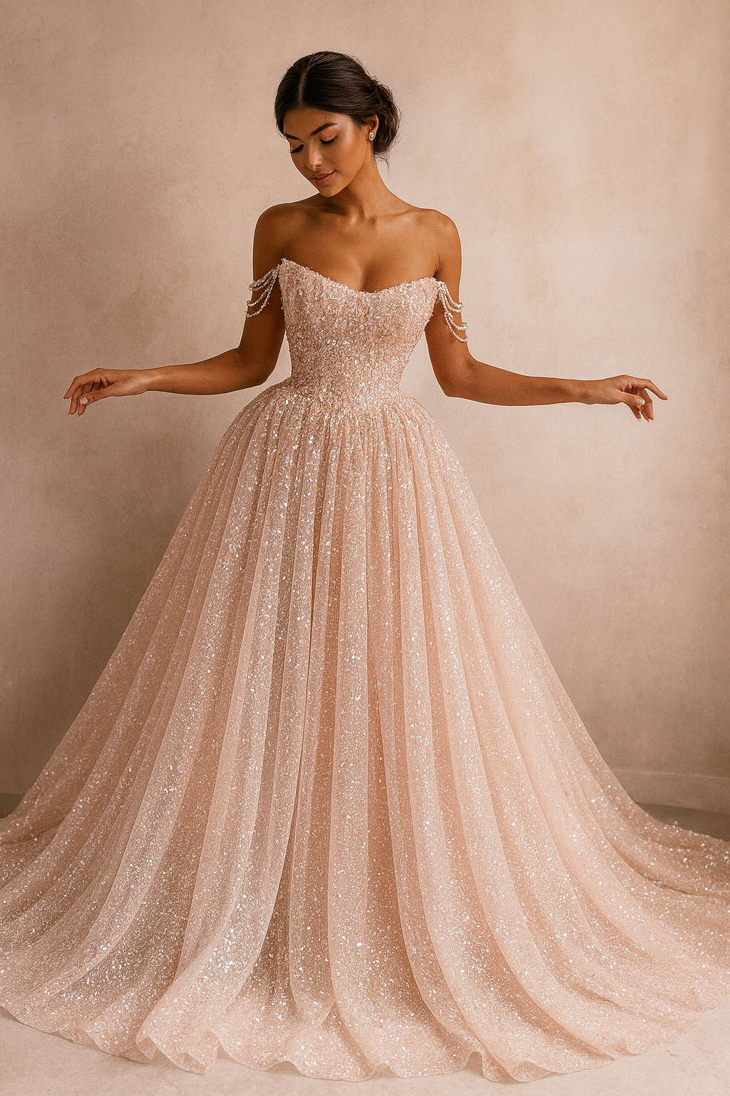 A woman wearing a strapless floor-length peach-colored gown with sparkling embellishments and pearl shoulder accents stands against a plain beige background.