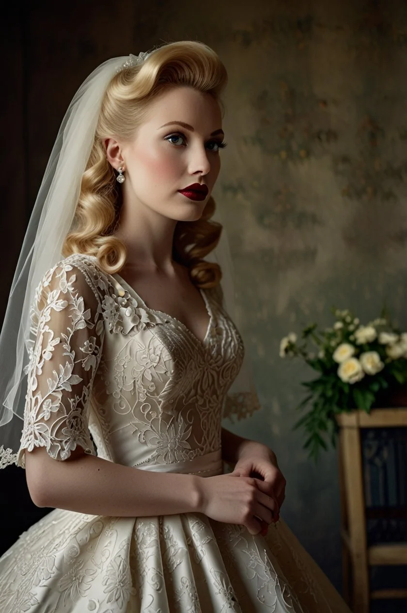 A woman in a vintage wedding dress with lace embroidery, wearing pearl earrings and a veil, posing indoors with a bouquet of white flowers on a table in the background.