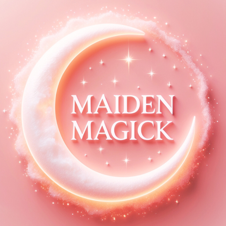 Pink background with a glowing crescent moon and sparkling stars surrounding the text "Maiden Magick" in the center.