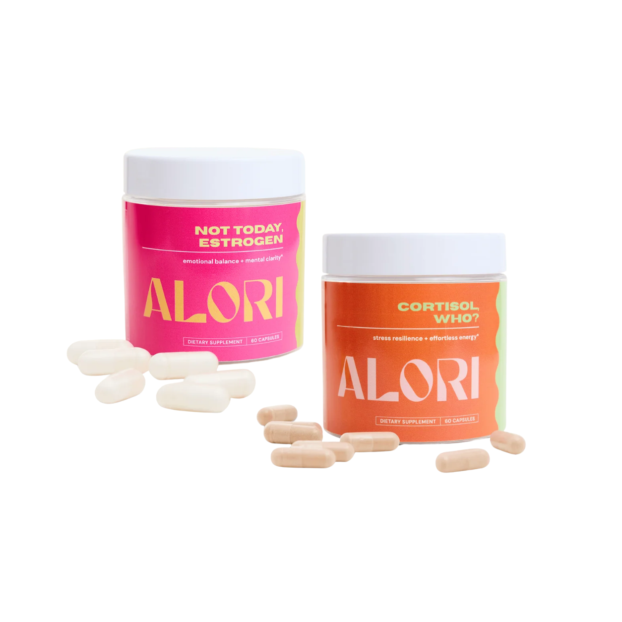 Two bottles of dietary supplements with capsules in front. One bottle labeled 'Not Today, Estrogen' in pink, and the other labeled 'Cortisol Who?' in orange.