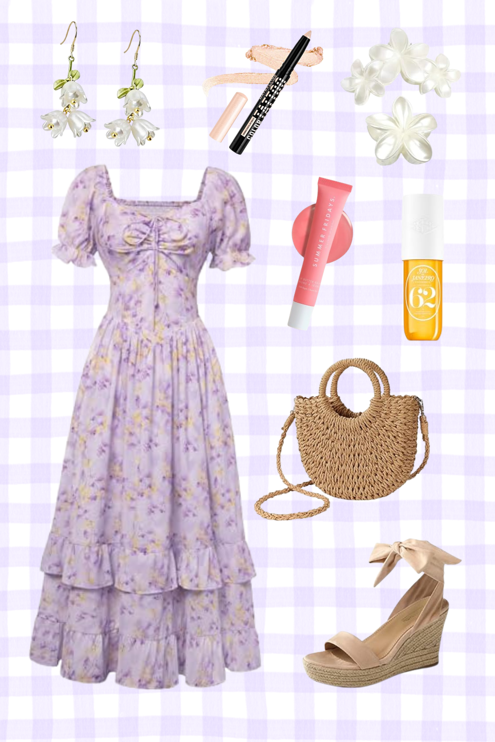A flat lay of summer fashion and accessories including a lavender floral dress, white floral earrings, beige wedge sandals with ankle ties, a straw handbag, white floral hair clips, a tube of lip balm, a bottle of sunscreen, a makeup pen, and a sweep of highlighter on a purple checkered background.