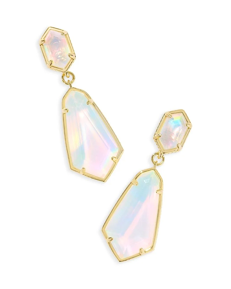 Gold-framed earrings with iridescent stone accents.