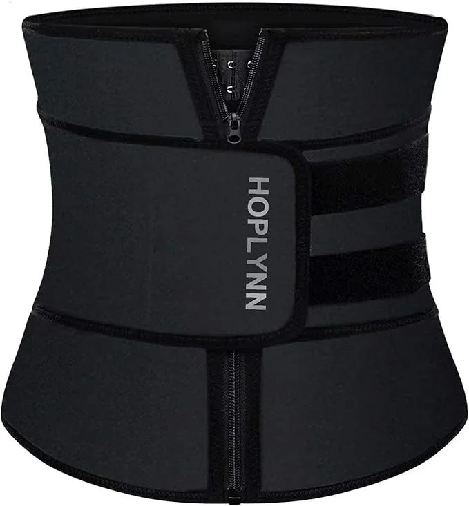 Black waist trainer with a zipper front, adjustable straps, and the brand name 'HOPLYNN' printed on the front. workout gear and inspo, weight loss for women, must have work out equipment