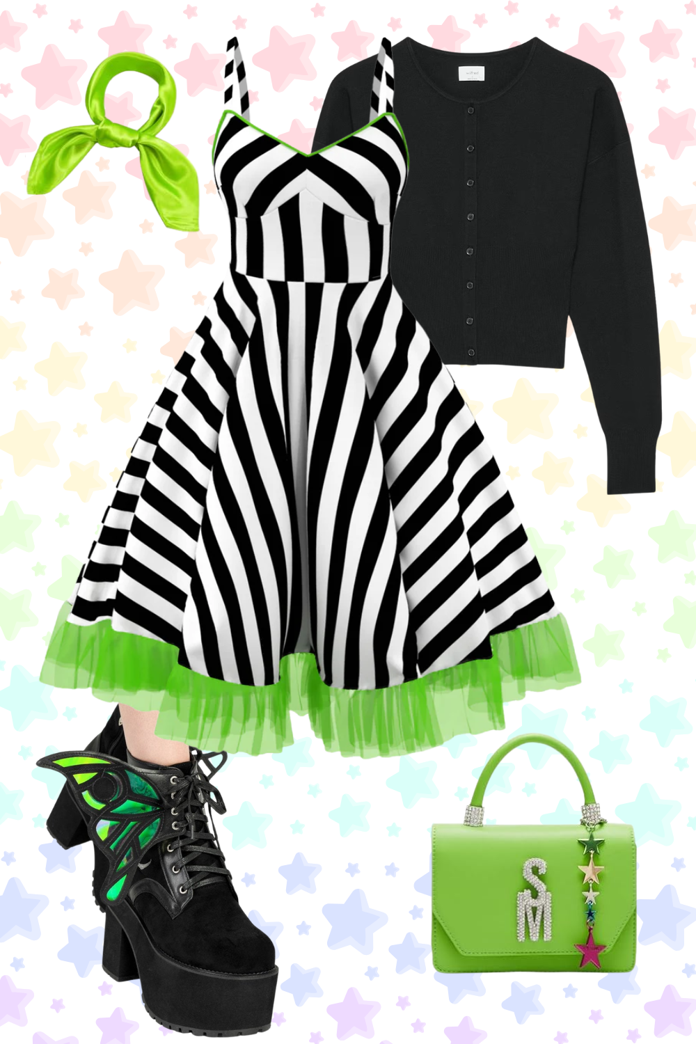 A black and white striped dress with a lime green ruffle hem, paired with black platform boots with green and black butterfly wing designs, a black cardigan, a lime green handbag with letter charms and colorful stars, and a lime green scarf.