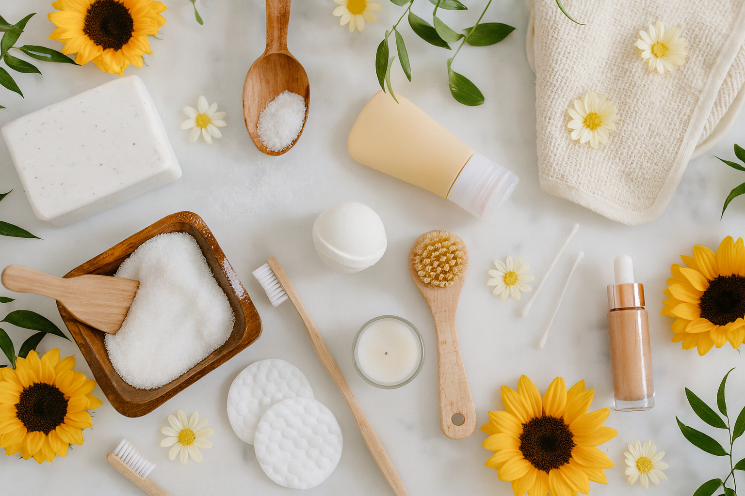 A flat lay of eco-friendly skincare and bath products on a white surface, including sunflower and daisy flowers, wooden brushes, soap, salt, a candle, a towel, and bottles of skincare products.