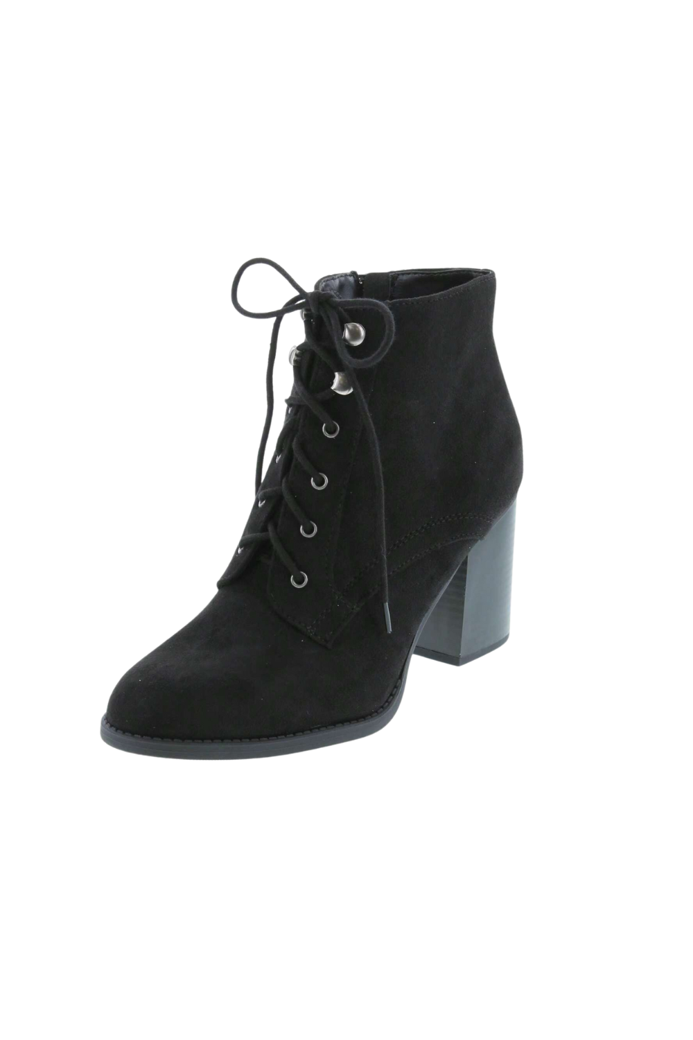 Black ankle boot with lace-up front, silver eyelets, and chunky heel.