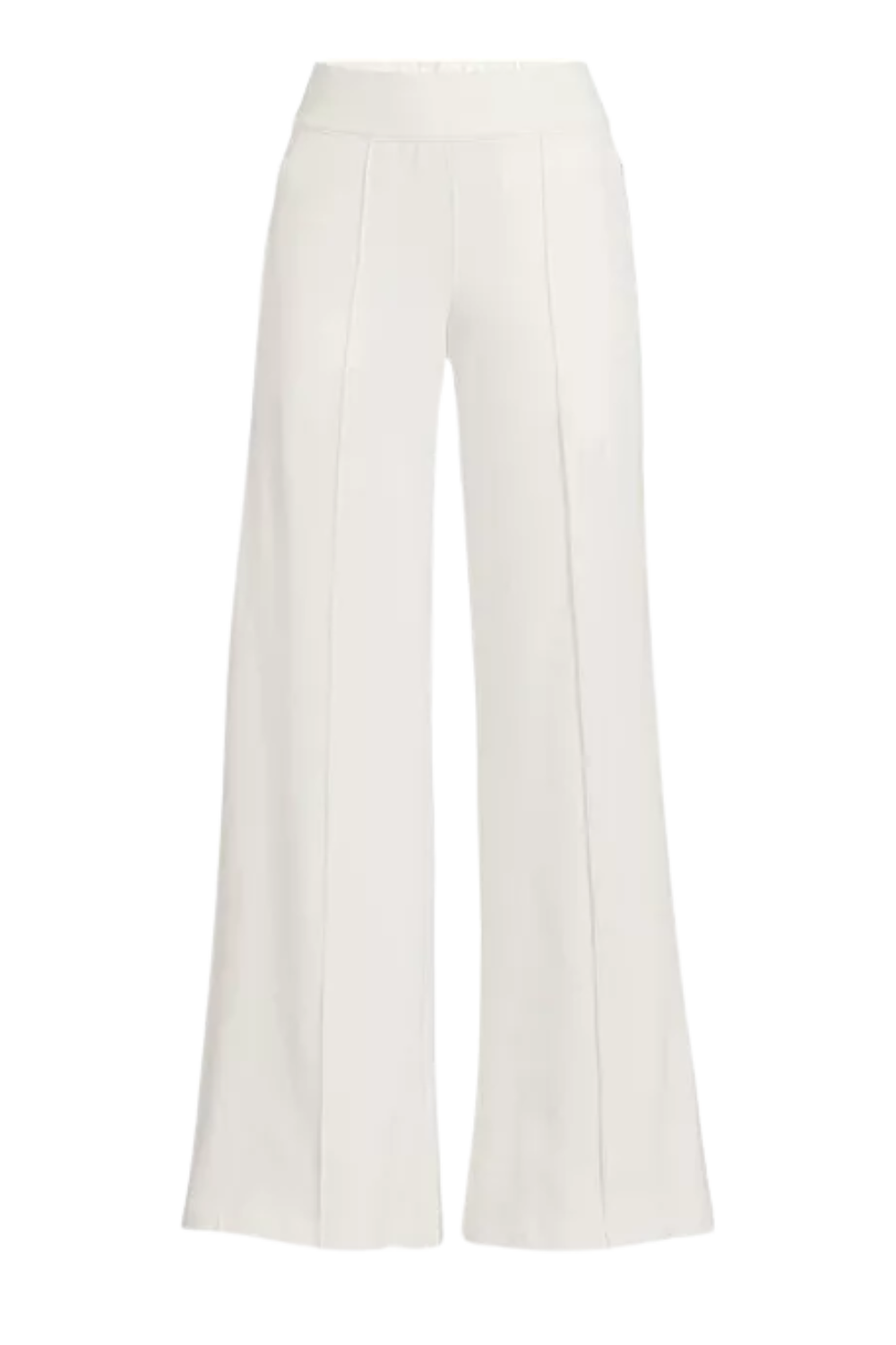 White wide-leg trousers with high waist and seam details.
