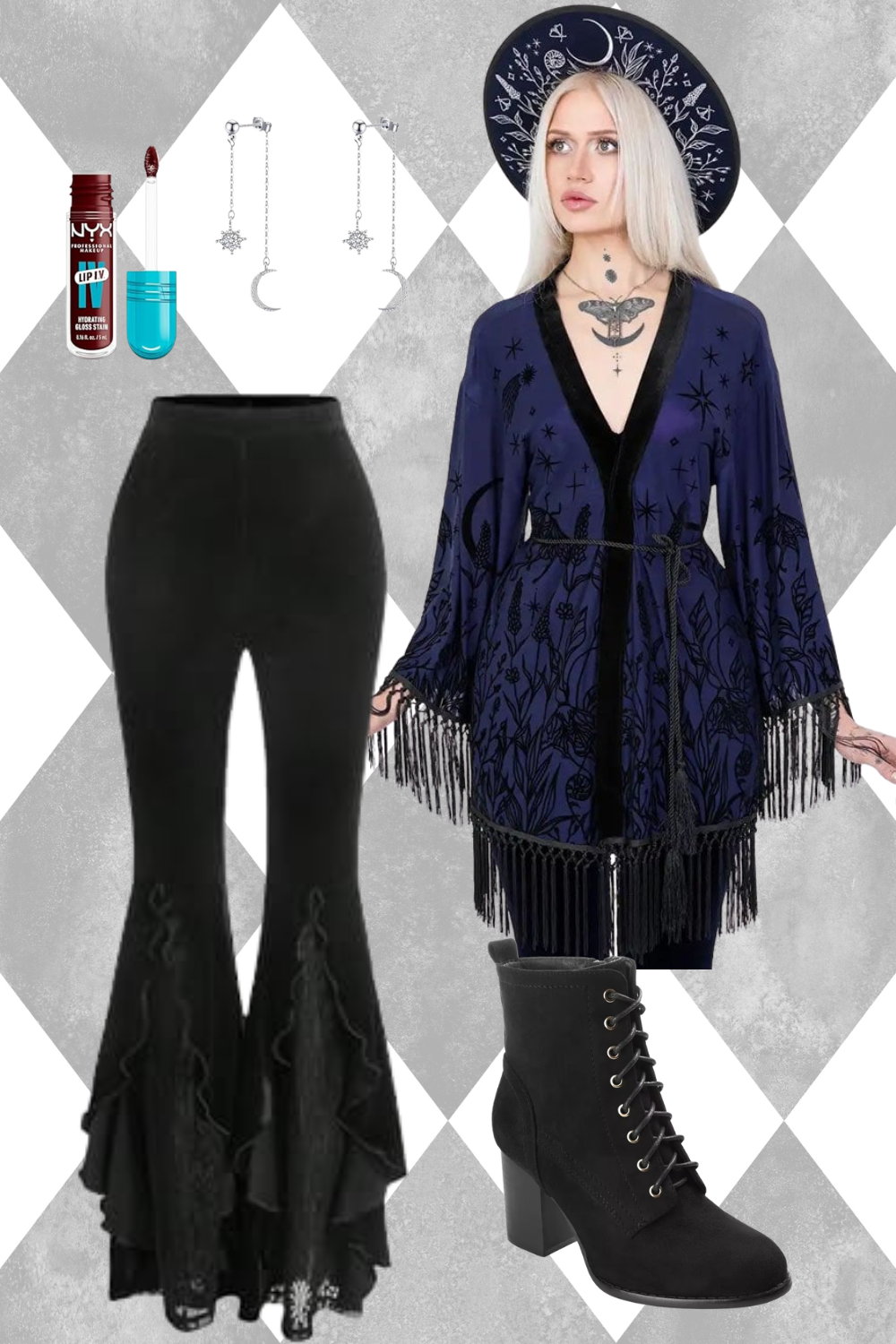 A fashion ensemble featuring a woman with platinum blonde hair wearing a wide-brimmed black hat with white celestial and botanical drawings, a blue robe with black celestial and nature patterns and fringes, black high-heeled lace-up boots, black flare pants with lace details, and gothic jewelry including a large moth necklace, a choker, and moon and star earrings. Accessories include NYX lip gloss, lip applicator, and celestial-themed earrings.