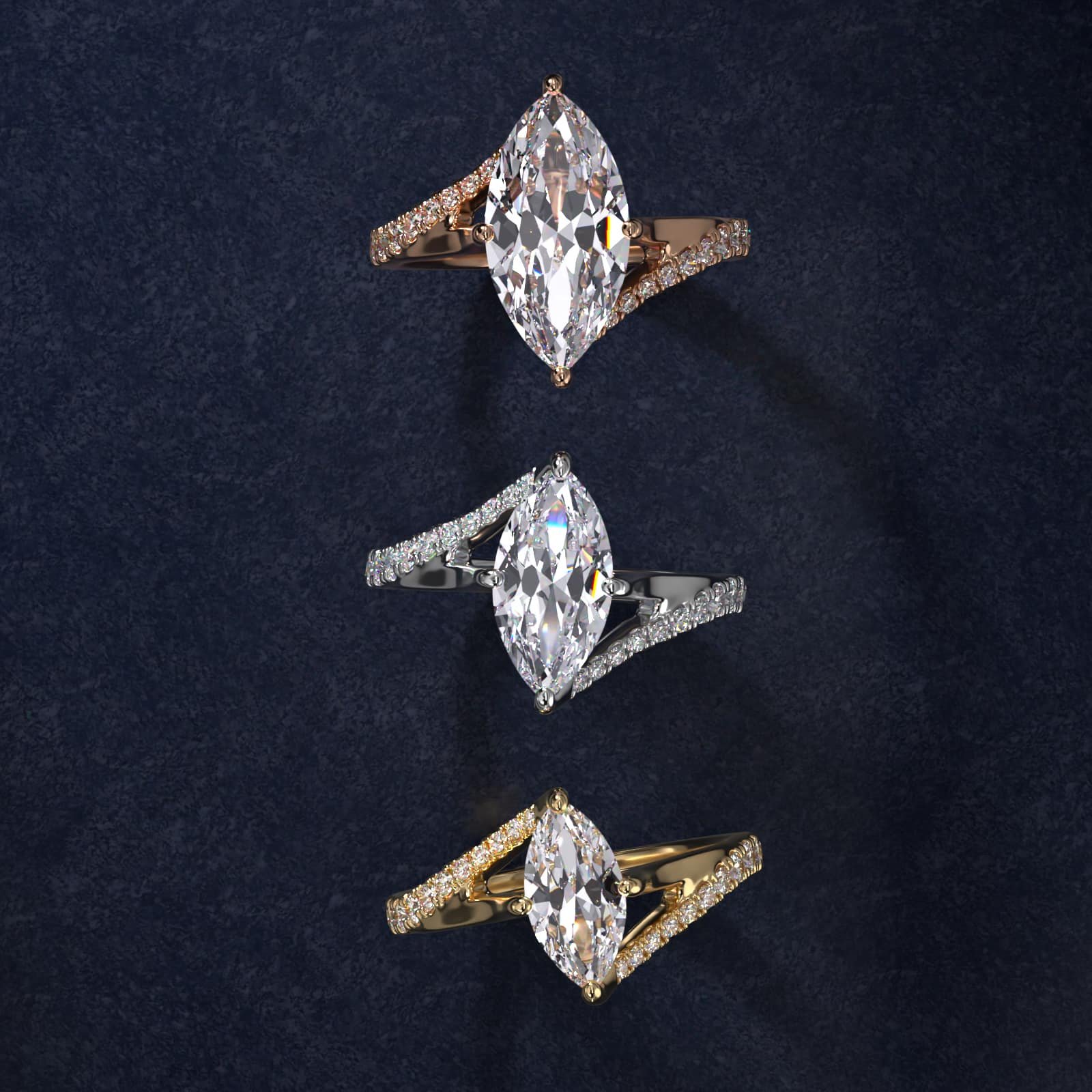 Three elegant marquise-cut diamond rings with different band designs, lying on a dark surface, reflecting on it.