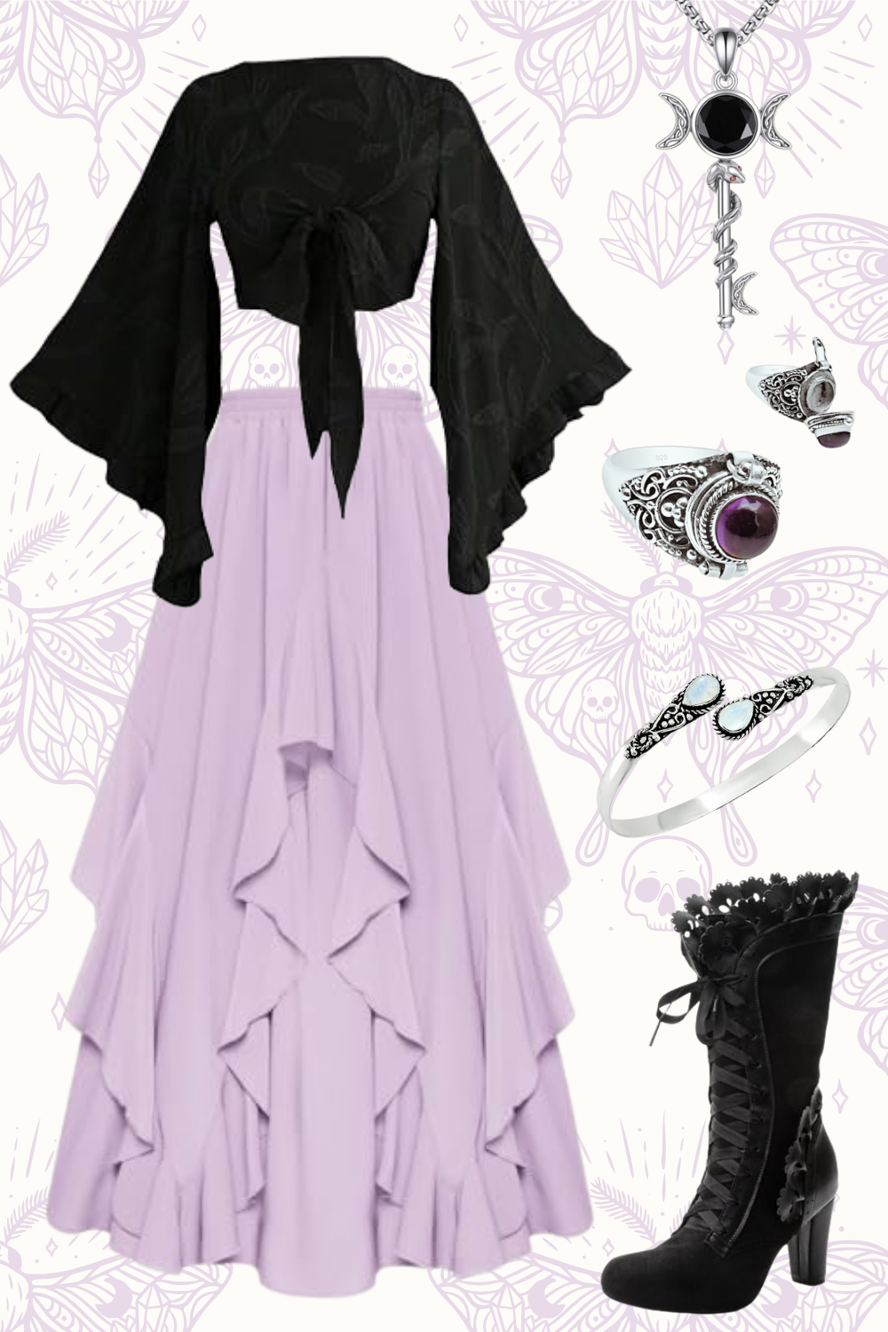 A black cropped top with bell sleeves paired with a long lavender ruffled skirt, accessorized with gothic-style jewelry including rings, a bracelet, and a necklace featuring a dragon-shaped pendant with a black gemstone, and black high-heeled boots with lace-up design and floral embellishments.