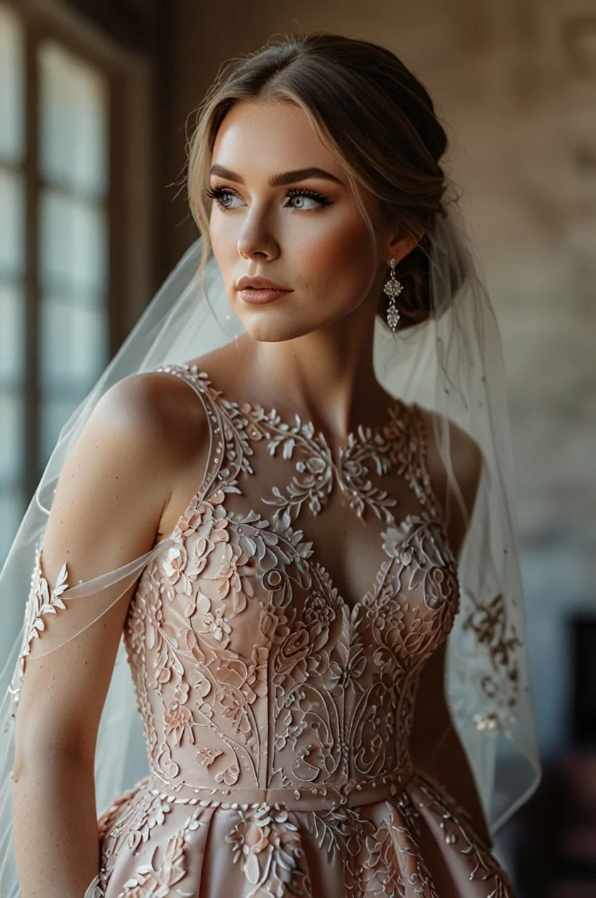 A bride with fair skin, blue eyes, and blonde hair styled in an elegant updo, wearing a sleeveless wedding dress with intricate floral embroidery and a sheer overlay, along with a long veil and dangling earrings, posing indoors by a window with natur