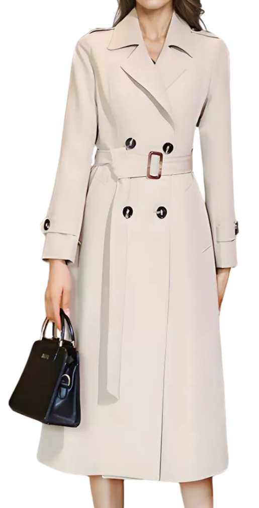 Woman wearing a long beige trench coat with a belt, holding a black handbag.