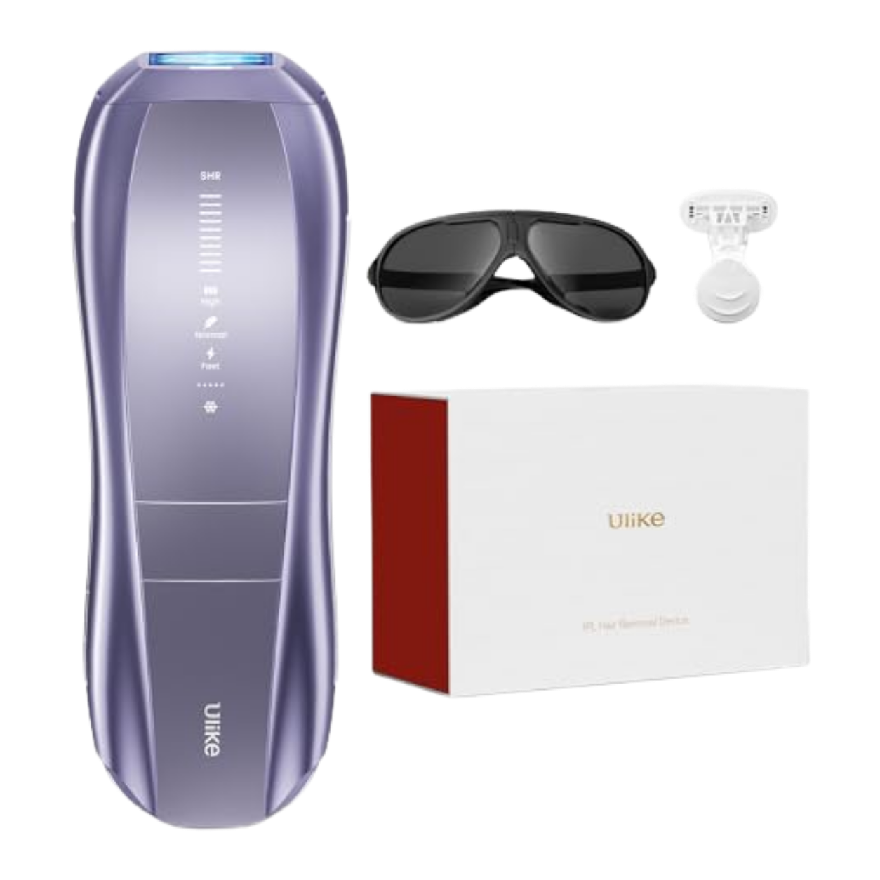 A beauty or skincare device, a pair of blackout sunglasses, a small white facial attachment, and a white box with red accents labeled 'Ulike' with additional text.