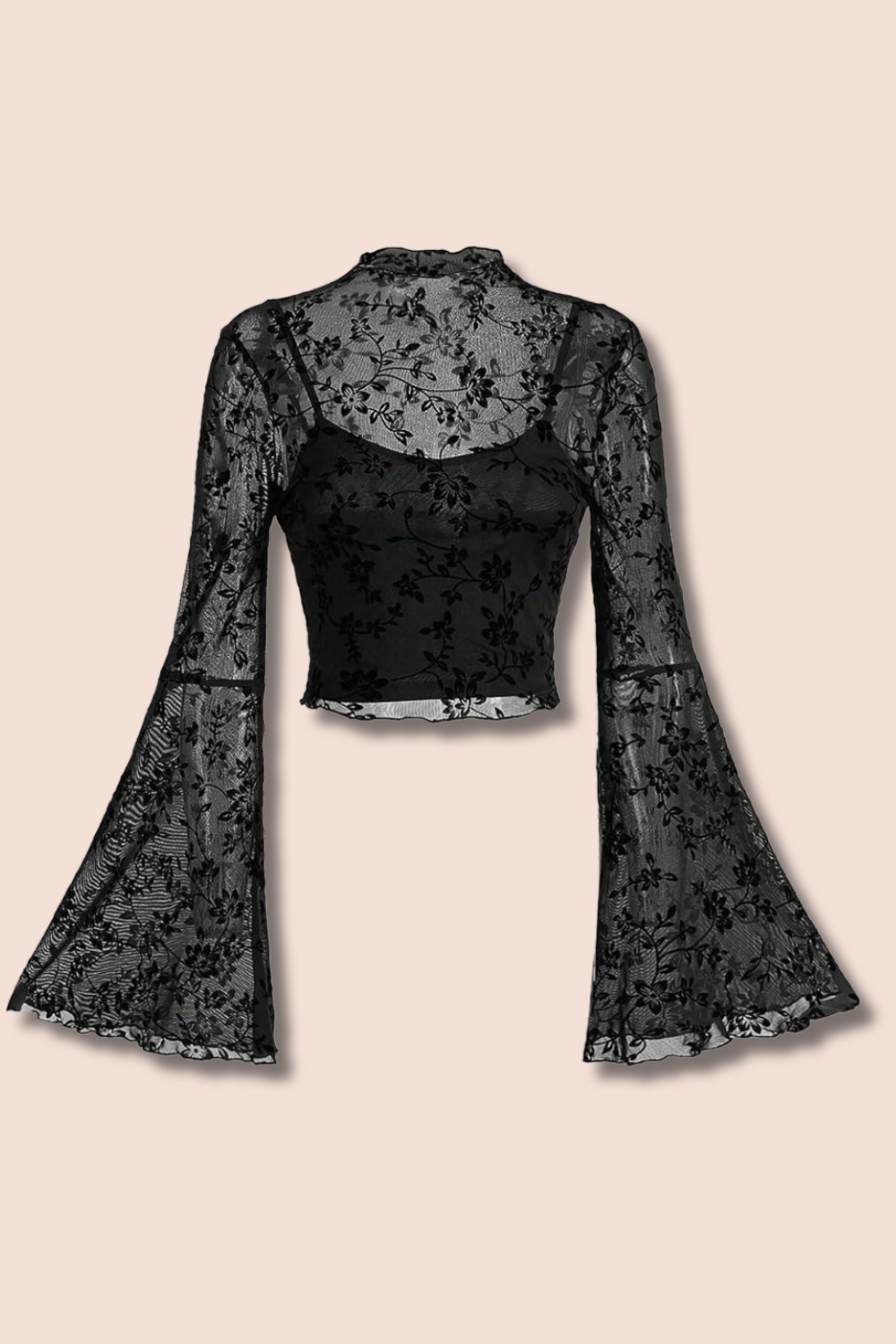 Black floral lace long-sleeve cropped top with bell sleeves on a beige background.