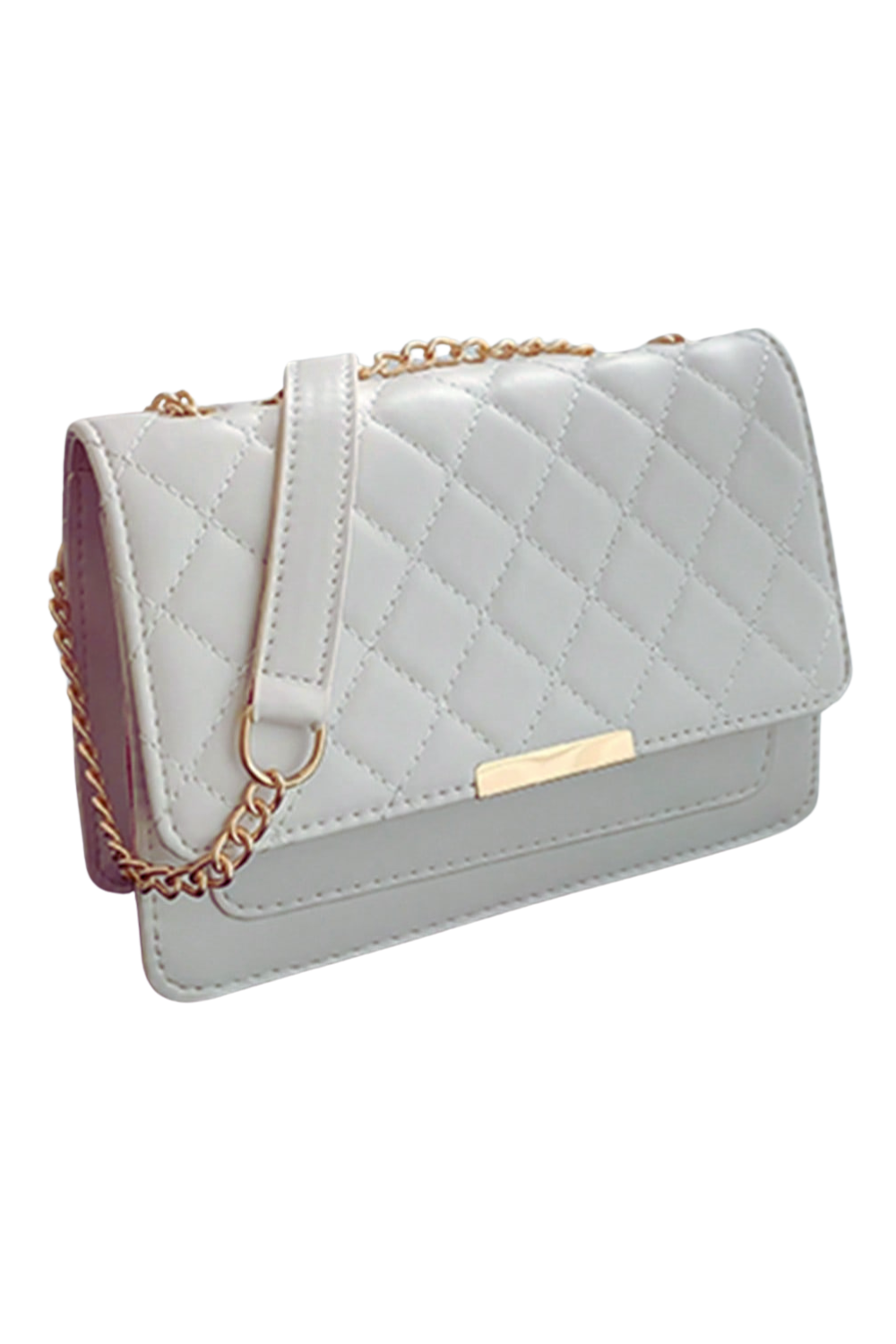 A white quilted handbag with a gold chain strap and a gold rectangular detail on the front