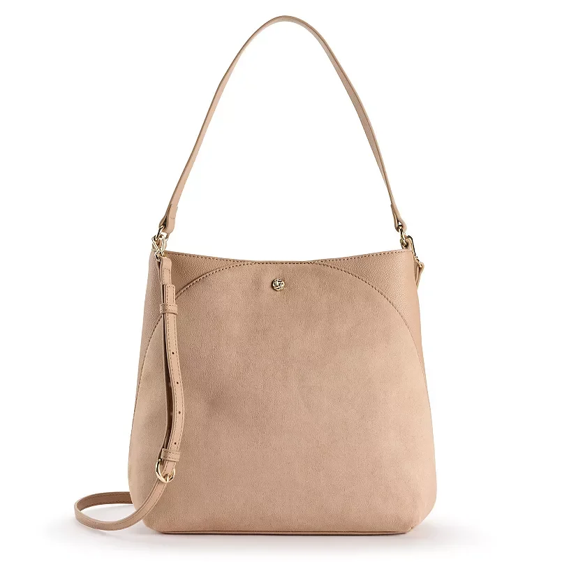 A beige shoulder bag with a simple design, featuring a gold clasp and an adjustable strap.