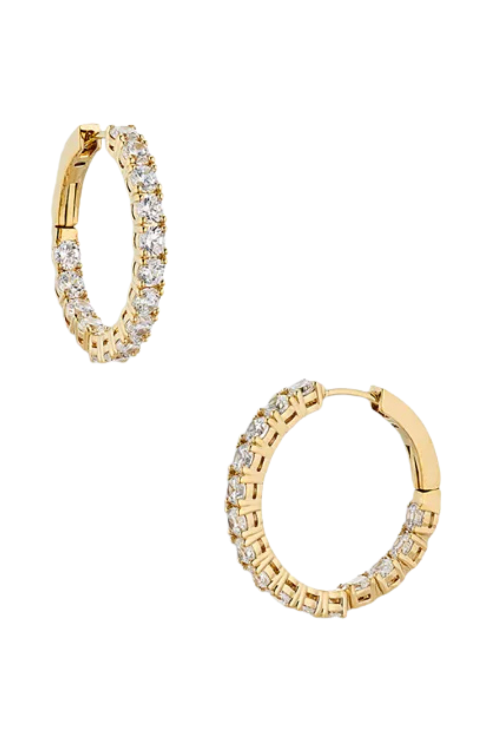 Gold hoop earrings decorated with diamonds on a white background.